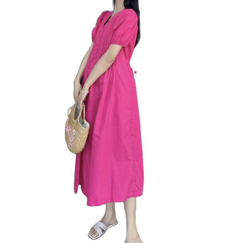 Pogas muša grūtnieču vasaras kleita lielizmēra ar īsām piedurknēm V veida kakla kroku ar augstu vidukli grūtniecei A-līnijas kleita elegants apģērbs