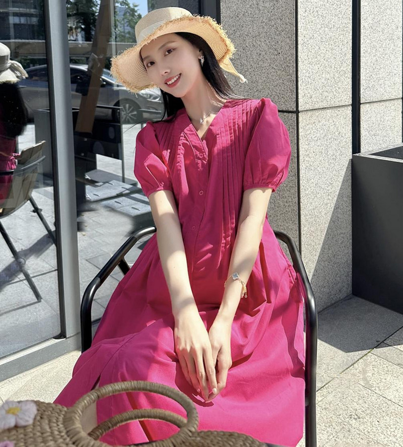 Pogas muša grūtnieču vasaras kleita lielizmēra ar īsām piedurknēm V veida kakla kroku ar augstu vidukli grūtniecei A-līnijas kleita elegants apģērbs