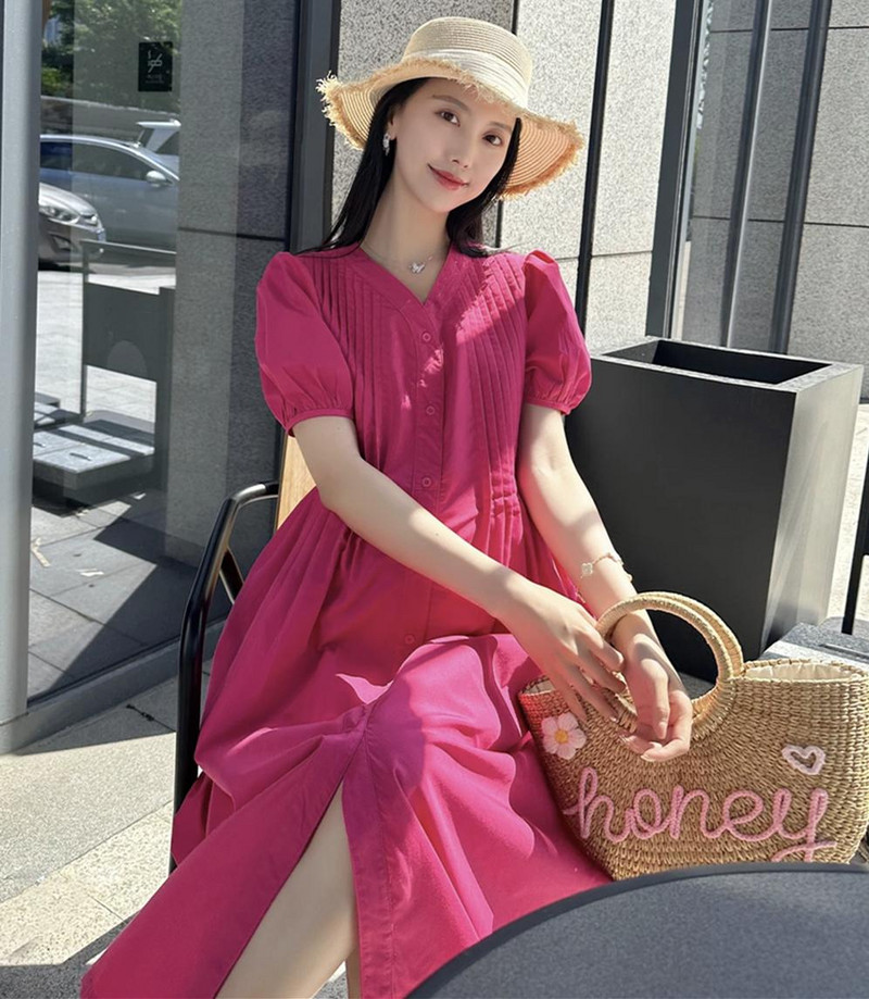 Pogas muša grūtnieču vasaras kleita lielizmēra ar īsām piedurknēm V veida kakla kroku ar augstu vidukli grūtniecei A-līnijas kleita elegants apģērbs