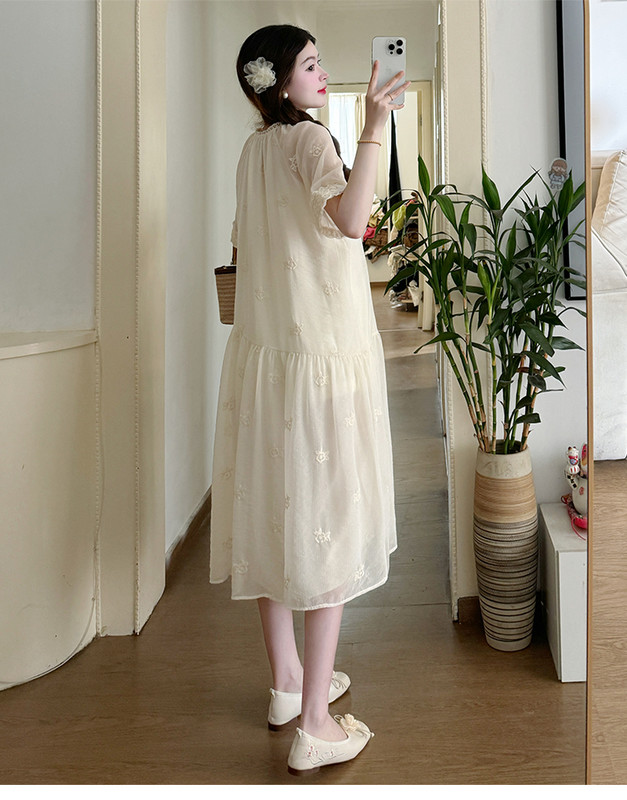 Kevadised rasedatele mõeldud šifoonist kleidid lainelise varrukaga O-kaelusega armas rasedaksleit voodriga Moodne A-kujuline raseduskleit armas