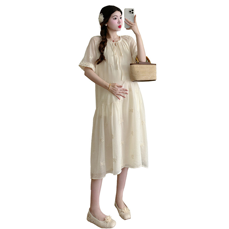 Kevadised rasedatele mõeldud šifoonist kleidid lainelise varrukaga O-kaelusega armas rasedaksleit voodriga Moodne A-kujuline raseduskleit armas