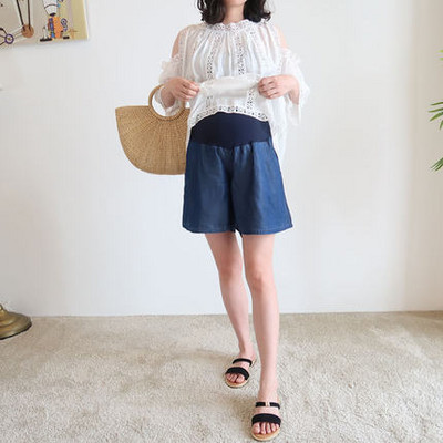 Nyári divat terhes női farmer rövidnadrág Női bő hasú nadrág Sötétkék kismama rövid farmernadrág Alkalmi terhességi nadrág