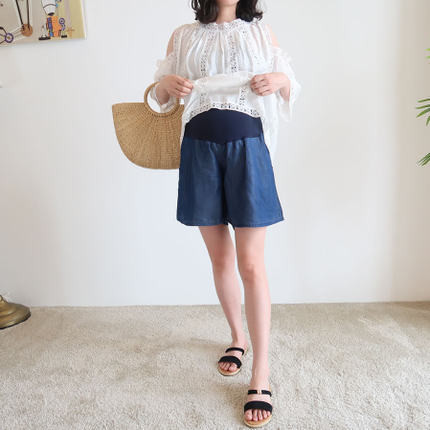 Nyári divat terhes női farmer rövidnadrág Női bő hasú nadrág Sötétkék kismama rövid farmernadrág Alkalmi terhességi nadrág