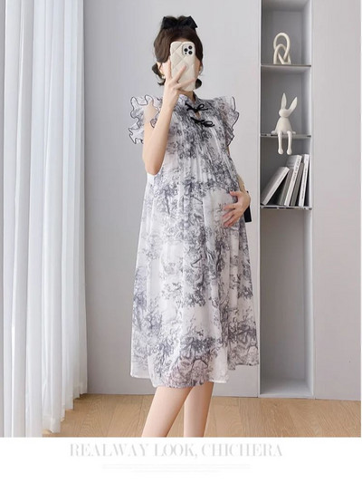 Ljeto u novom kineskom stilu, retro haljina za trudnice s letećim rukavima, velika haljina za trudnice, trudničke haljine