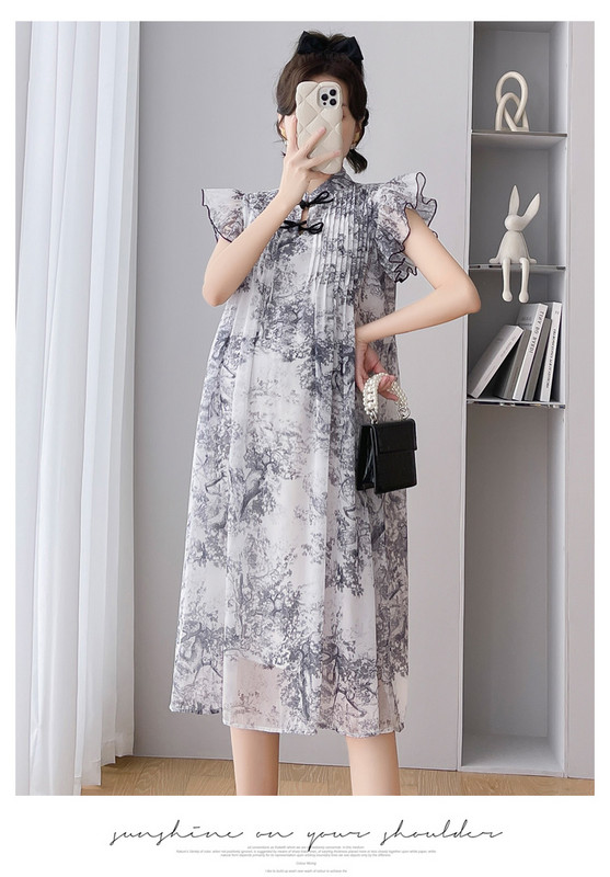 Ljeto u novom kineskom stilu, retro haljina za trudnice s letećim rukavima, velika haljina za trudnice, trudničke haljine