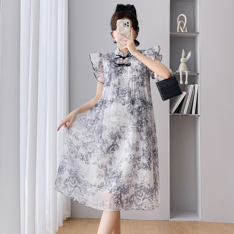 Ljeto u novom kineskom stilu, retro haljina za trudnice s letećim rukavima, velika haljina za trudnice, trudničke haljine