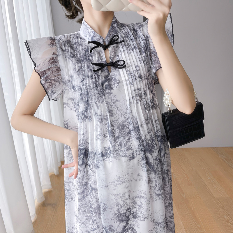 Ljeto u novom kineskom stilu, retro haljina za trudnice s letećim rukavima, velika haljina za trudnice, trudničke haljine
