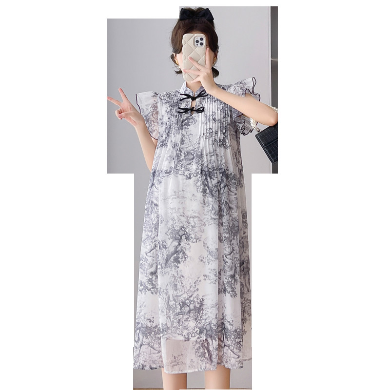 Ljeto u novom kineskom stilu, retro haljina za trudnice s letećim rukavima, velika haljina za trudnice, trudničke haljine