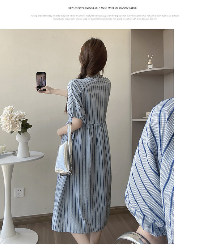 Vasaras svītrains krekls grūtniecēm ar pūšām piedurknēm, poga ar O veida kakla izgriezumu grūtniecēm, gara, brīva kleita Modes kleita grūtniecēm brīvdienām