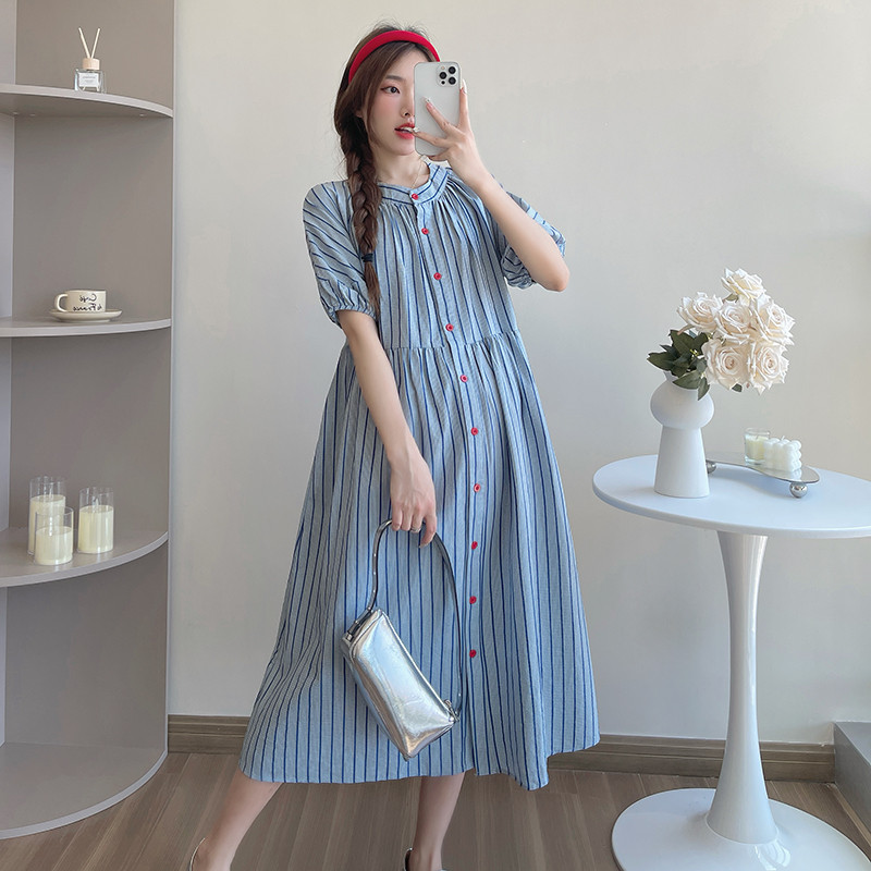 Vasaras svītrains krekls grūtniecēm ar pūšām piedurknēm, poga ar O veida kakla izgriezumu grūtniecēm, gara, brīva kleita Modes kleita grūtniecēm brīvdienām