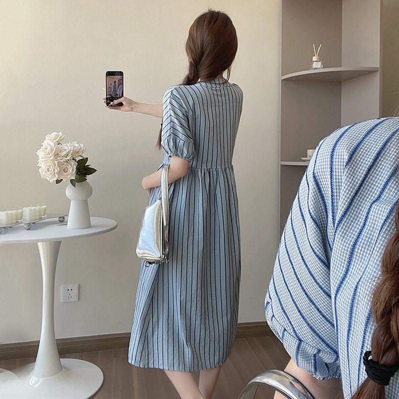 Vasaras svītrains krekls grūtniecēm ar pūšām piedurknēm, poga ar O veida kakla izgriezumu grūtniecēm, gara, brīva kleita Modes kleita grūtniecēm brīvdienām