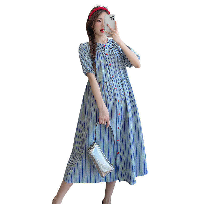 Vasaras svītrains krekls grūtniecēm ar pūšām piedurknēm, poga ar O veida kakla izgriezumu grūtniecēm, gara, brīva kleita Modes kleita grūtniecēm brīvdienām