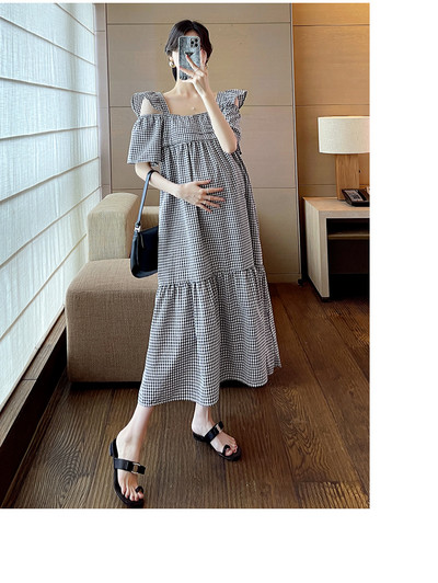 Rochie în carouri de vară pentru maternitate 2024, cu mâneci cu volane, guler pătrat, rochii în carouri pentru femei însărcinate, rochie de sarcină, largi, de epocă