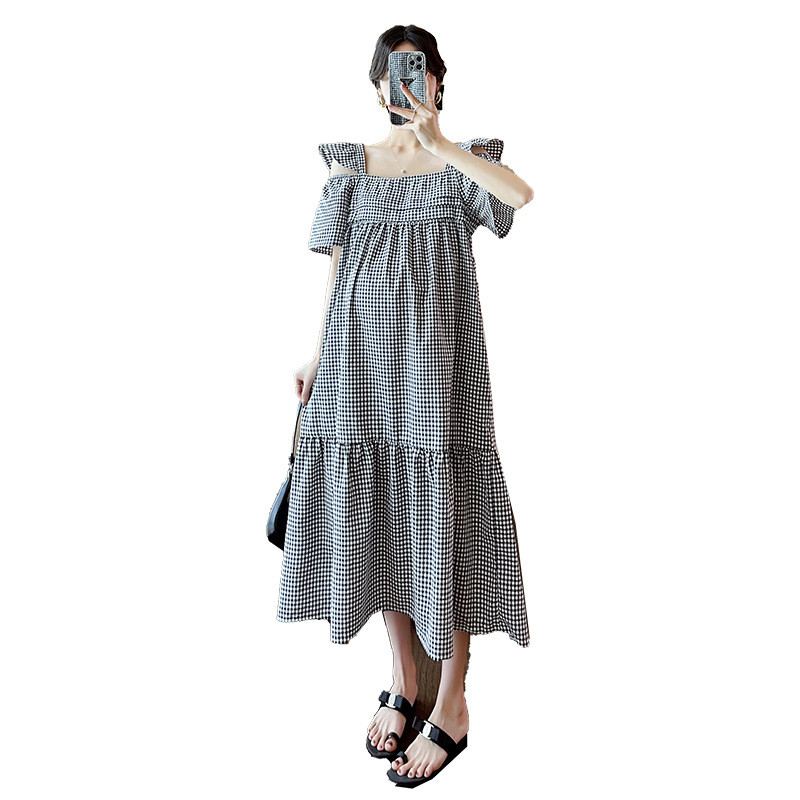 Rochie în carouri de vară pentru maternitate 2024, cu mâneci cu volane, guler pătrat, rochii în carouri pentru femei însărcinate, rochie de sarcină, largi, de epocă