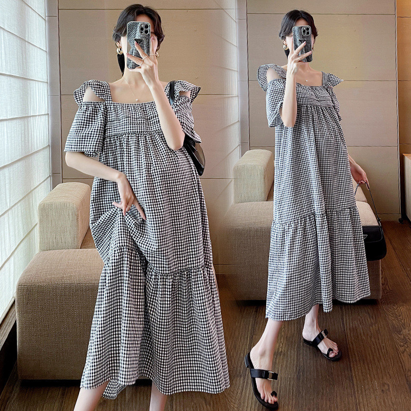 Rochie în carouri de vară pentru maternitate 2024, cu mâneci cu volane, guler pătrat, rochii în carouri pentru femei însărcinate, rochie de sarcină, largi, de epocă