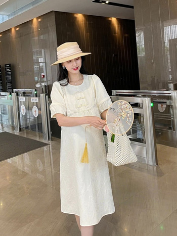 Лятна рокля за бременни Dobby с къс ръкав и О-образно деколте Винтидж китайски стил Бременна жена Cheongsam Елегантна бременна рокля Chi-pao
