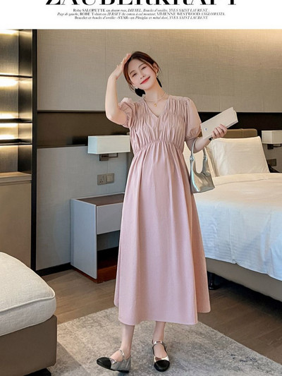 Nyári nagy méretű, V-nyakú terhes nő magas derekú ruha divatos puff ujjú bokáig érő kismama sifon ruha ünnepi ruhák