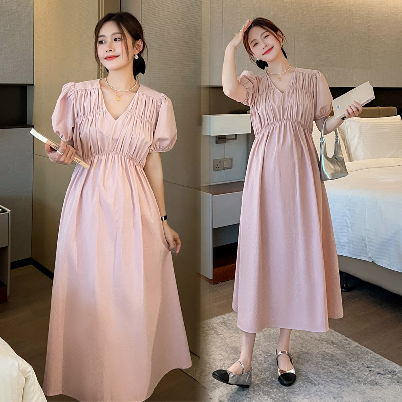 Nyári nagy méretű, V-nyakú terhes nő magas derekú ruha divatos puff ujjú bokáig érő kismama sifon ruha ünnepi ruhák