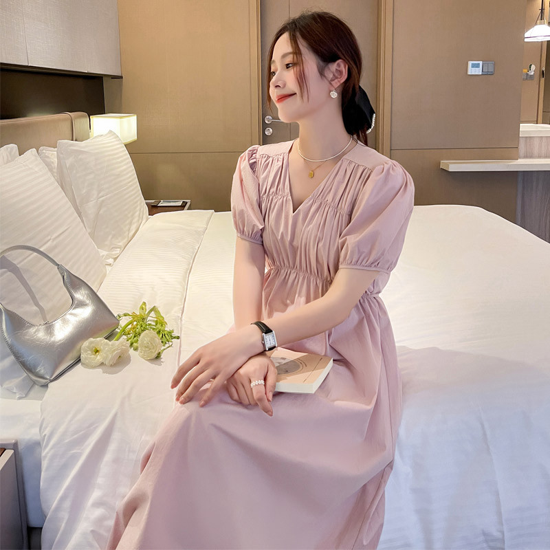 Nyári nagy méretű, V-nyakú terhes nő magas derekú ruha divatos puff ujjú bokáig érő kismama sifon ruha ünnepi ruhák