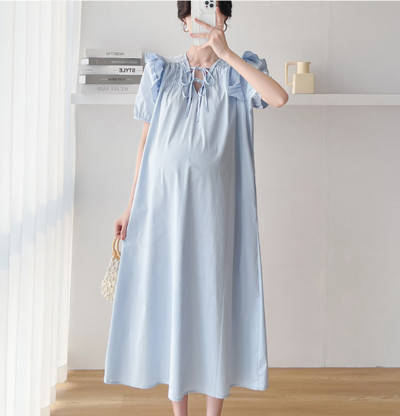 Korea stiilis volangidega V-kaelusega armas rasedaksleit Moodne puhvis varrukatega tutt Nööritav raseda naise plisseeritud kleit raseduskleit