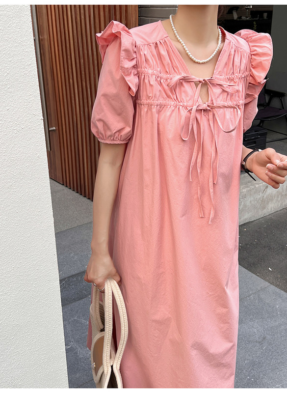 Korea stiilis volangidega V-kaelusega armas rasedaksleit Moodne puhvis varrukatega tutt Nööritav raseda naise plisseeritud kleit raseduskleit