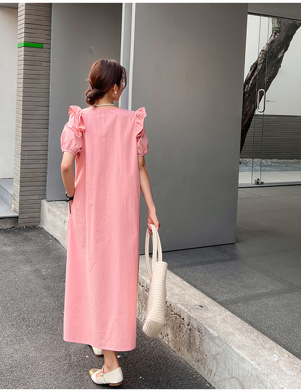 Korea stiilis volangidega V-kaelusega armas rasedaksleit Moodne puhvis varrukatega tutt Nööritav raseda naise plisseeritud kleit raseduskleit