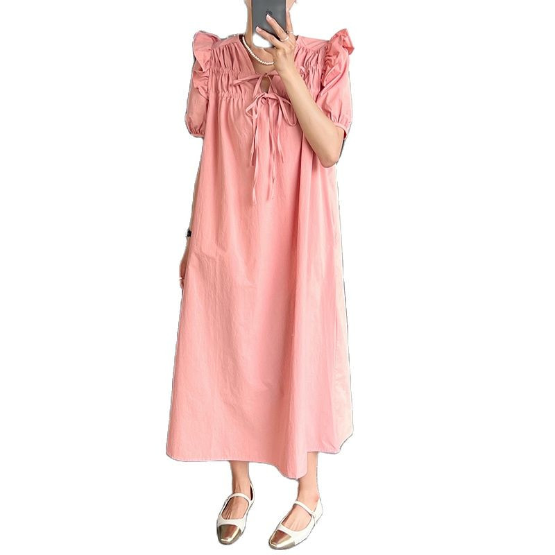 Korea stiilis volangidega V-kaelusega armas rasedaksleit Moodne puhvis varrukatega tutt Nööritav raseda naise plisseeritud kleit raseduskleit