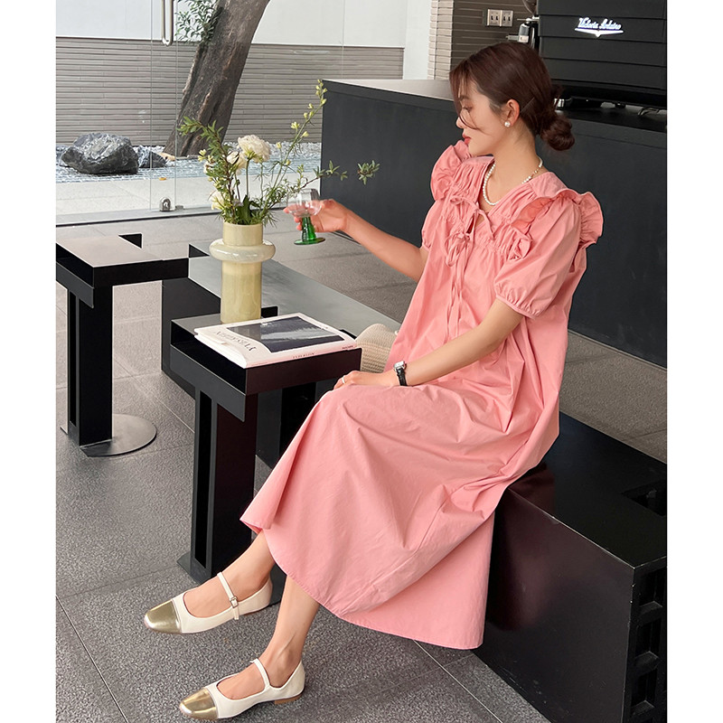 Korea stiilis volangidega V-kaelusega armas rasedaksleit Moodne puhvis varrukatega tutt Nööritav raseda naise plisseeritud kleit raseduskleit