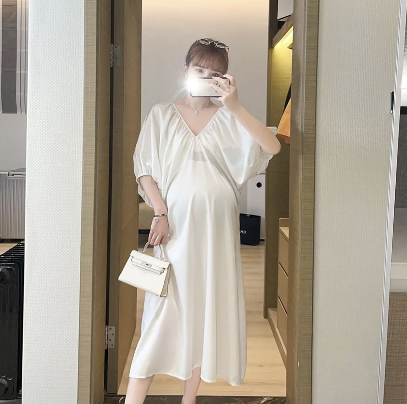 Jaapani stiilis rasedatele mõeldud šifoonist kleit puhvis varrukatega V-kaelusega plusssuuruses rasedatele suveriided rasedusaegsed pikad lahtised kleidid