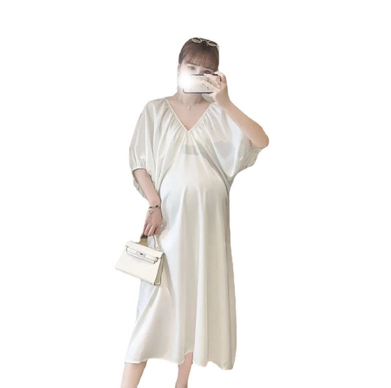 Jaapani stiilis rasedatele mõeldud šifoonist kleit puhvis varrukatega V-kaelusega plusssuuruses rasedatele suveriided rasedusaegsed pikad lahtised kleidid