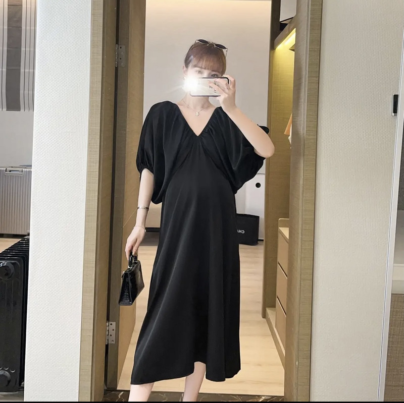 Jaapani stiilis rasedatele mõeldud šifoonist kleit puhvis varrukatega V-kaelusega plusssuuruses rasedatele suveriided rasedusaegsed pikad lahtised kleidid