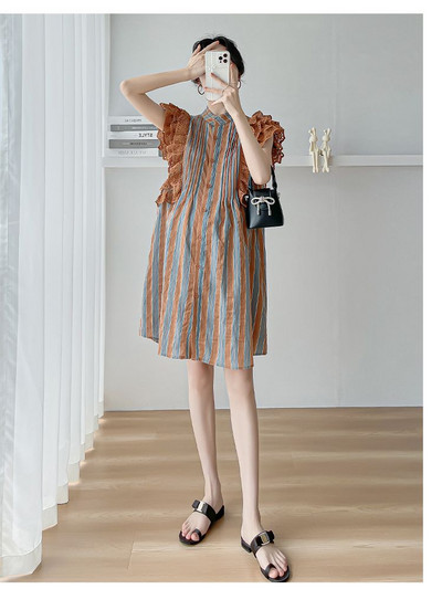 Salds korejiešu stila lidojošas piedurknes grūtnieču kleita, volānveida mežģīņu bloku krāsa svītraina grūtnieču šifona kleitas