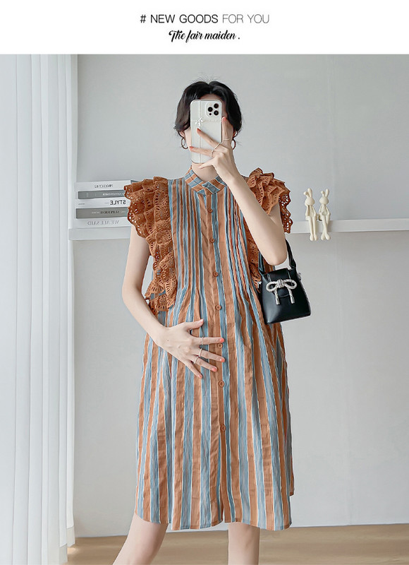 Salds korejiešu stila lidojošas piedurknes grūtnieču kleita, volānveida mežģīņu bloku krāsa svītraina grūtnieču šifona kleitas