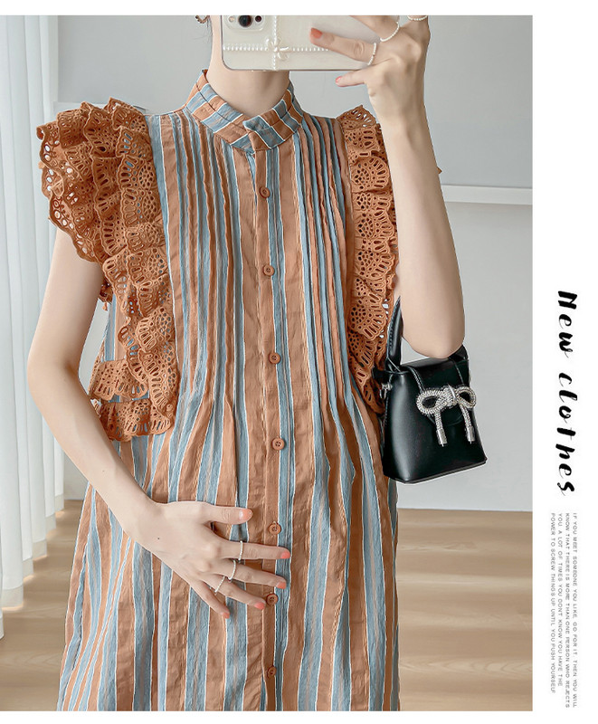 Salds korejiešu stila lidojošas piedurknes grūtnieču kleita, volānveida mežģīņu bloku krāsa svītraina grūtnieču šifona kleitas