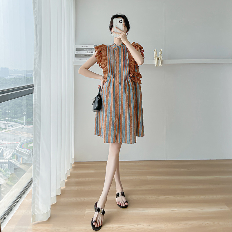 Salds korejiešu stila lidojošas piedurknes grūtnieču kleita, volānveida mežģīņu bloku krāsa svītraina grūtnieču šifona kleitas