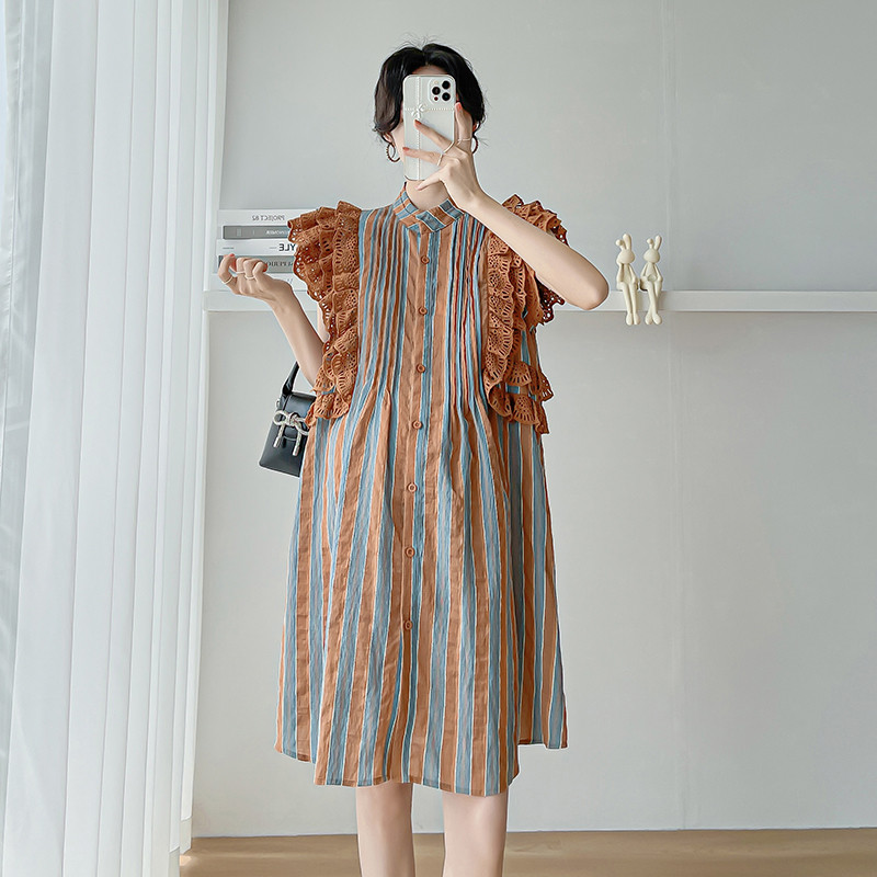 Salds korejiešu stila lidojošas piedurknes grūtnieču kleita, volānveida mežģīņu bloku krāsa svītraina grūtnieču šifona kleitas