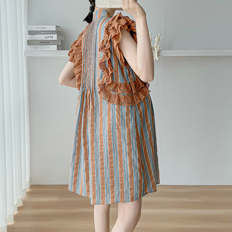 Salds korejiešu stila lidojošas piedurknes grūtnieču kleita, volānveida mežģīņu bloku krāsa svītraina grūtnieču šifona kleitas