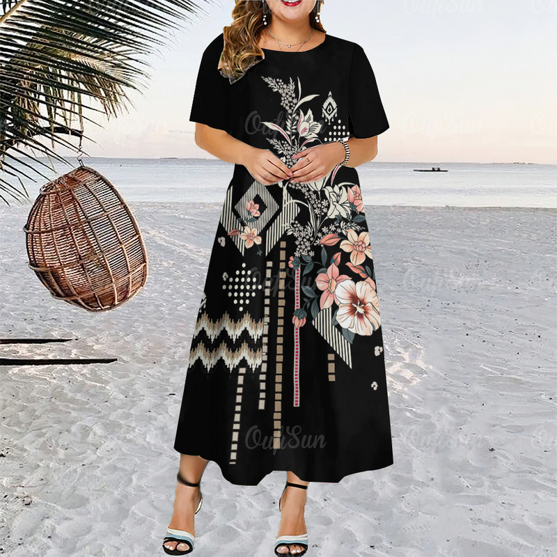 Nő nyári rövid ujjú ruha Elegáns divat Női ruhák Virágok Nyomtatott nagyméretű ruházat O-nyakú, laza ünnepi ruházat