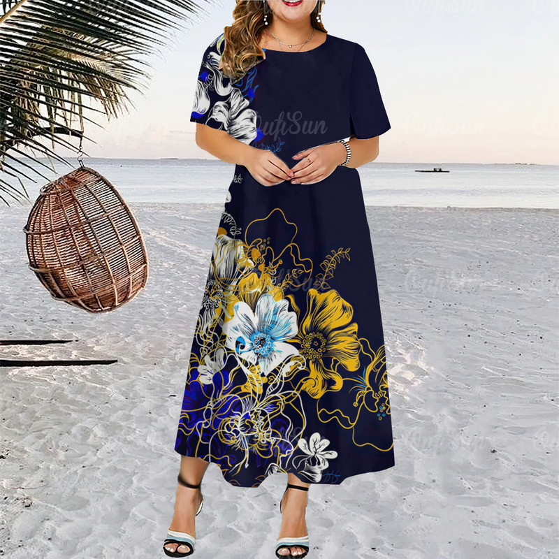 Nő nyári rövid ujjú ruha Elegáns divat Női ruhák Virágok Nyomtatott nagyméretű ruházat O-nyakú, laza ünnepi ruházat