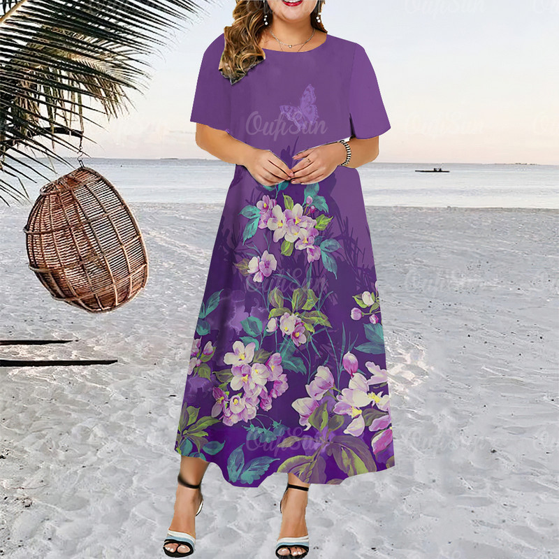 Nő nyári rövid ujjú ruha Elegáns divat Női ruhák Virágok Nyomtatott nagyméretű ruházat O-nyakú, laza ünnepi ruházat