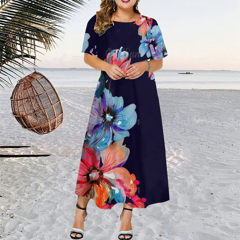 Nő nyári rövid ujjú ruha Elegáns divat Női ruhák Virágok Nyomtatott nagyméretű ruházat O-nyakú, laza ünnepi ruházat