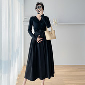 Prantsuse stiilis rasedate must sügiskleit pikkade varrukatega, elegantne raseda naise empireeritud kleit suures suuruses raseduse peokleit