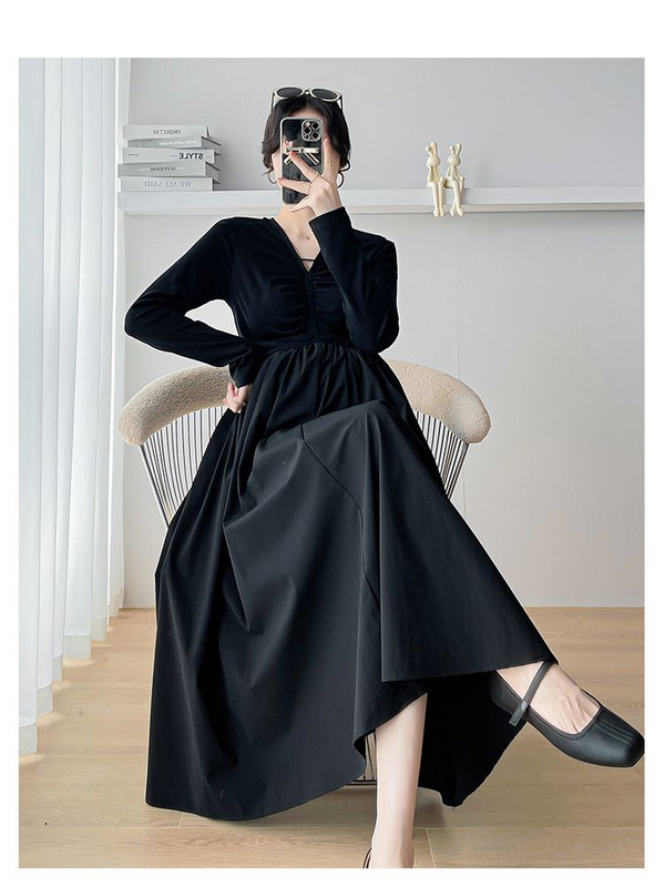 Prantsuse stiilis rasedate must sügiskleit pikkade varrukatega, elegantne raseda naise empireeritud kleit suures suuruses raseduse peokleit