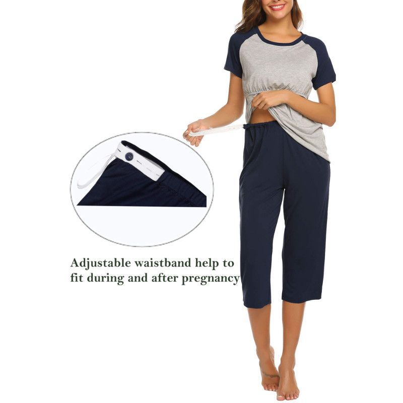 Set pijama cu mâneci scurte pentru alăptare Haine de maternitate Alăptare Travaliu Livrare Rochie Sarcină Lenjerie de dormit Maternitate Tricou Pantaloni