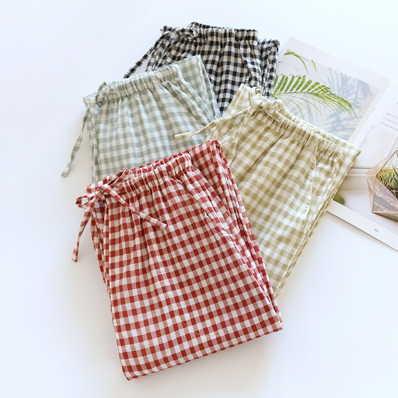 Paari magamispüksid meeste ja naiste puuvillase ruudulise disainiga kevadsuvised õhukesed kodupüksid elastsed vöökohaga pikad püksid
