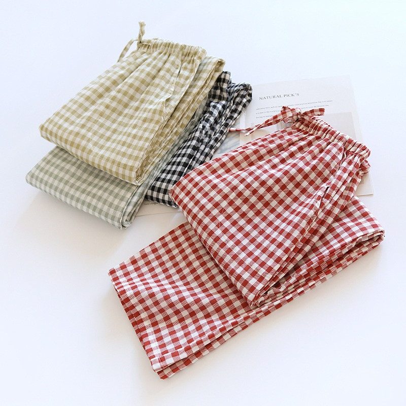 Paari magamispüksid meeste ja naiste puuvillase ruudulise disainiga kevadsuvised õhukesed kodupüksid elastsed vöökohaga pikad püksid