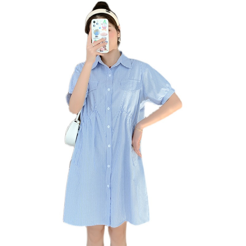 Rasedate suvekleit, alla keeratav krae, lühikeste varrukatega, sinise triibuga rasedatele naistele puuvillane kleit, nööriga vöökoht rasedatele mõeldud riided