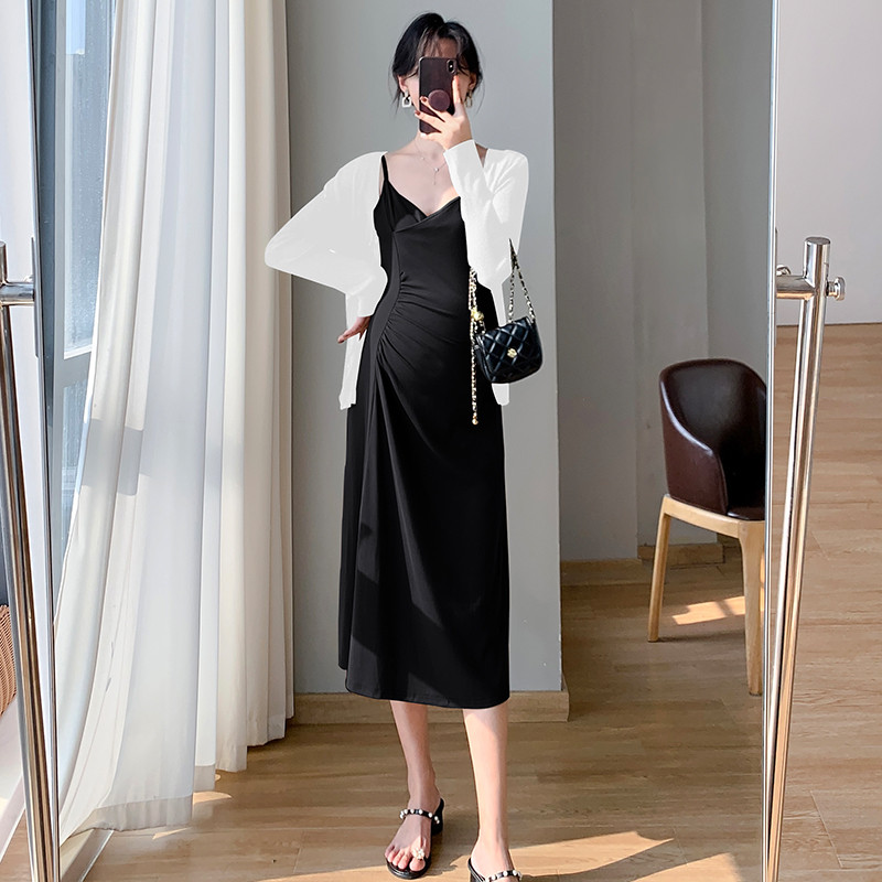 2024. aasta suvine raseda naise puuvillane rihmaga kleit kõrge vöökohaga V-kaelusega lõhestatud rasedate kleit varrukateta rasedusriided, must kohv