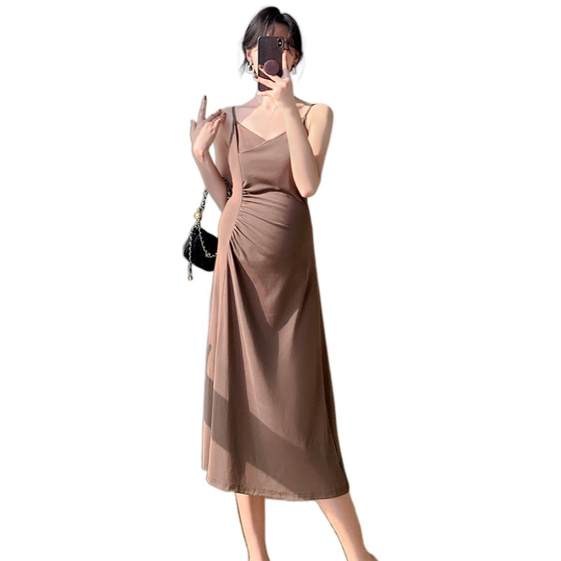 2024. aasta suvine raseda naise puuvillane rihmaga kleit kõrge vöökohaga V-kaelusega lõhestatud rasedate kleit varrukateta rasedusriided, must kohv