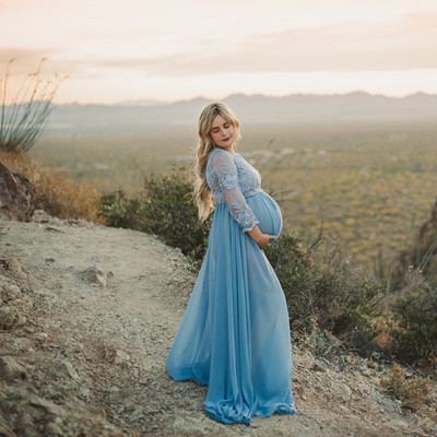 Ženska čipkasta spojena haljina s dugim rukavima za trudničko fotografiranje na prikolici za trudničku večer es